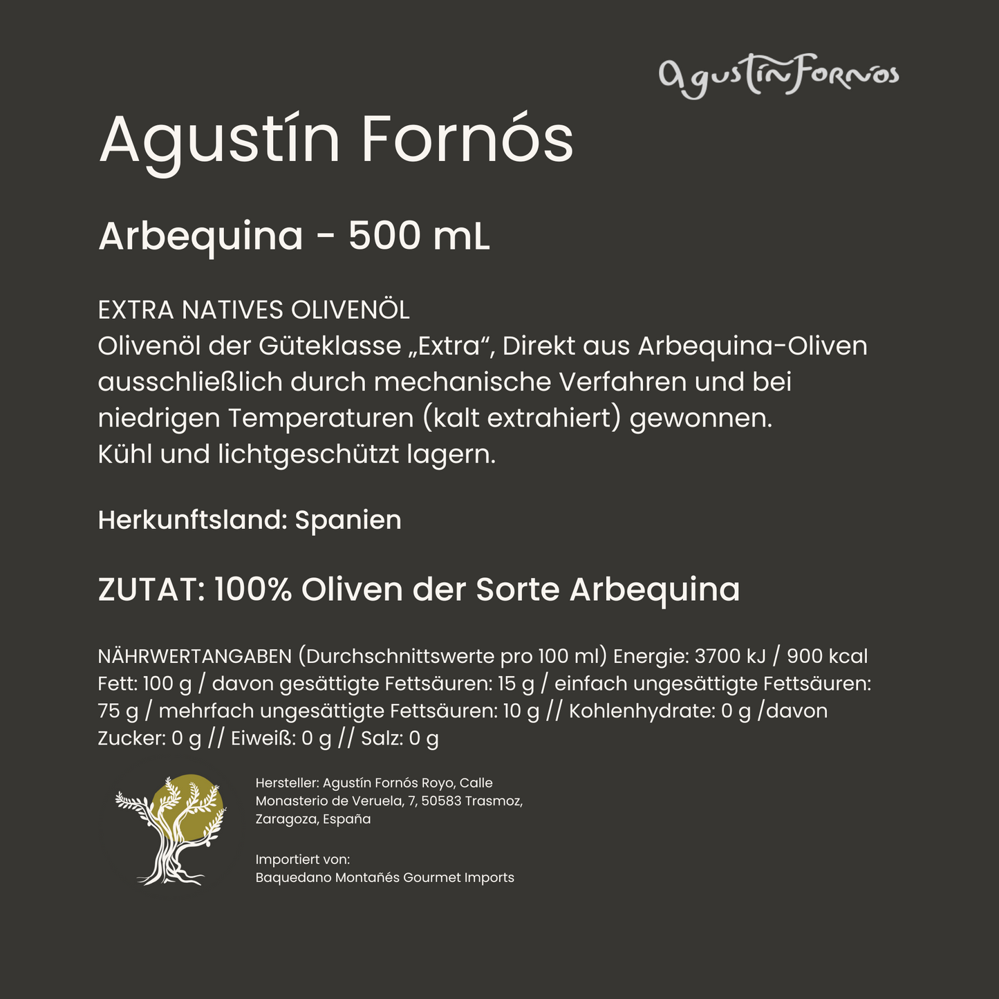 Agustín Fornós Premium Arbequina 500 mL – Fruchtig & Aromatisch